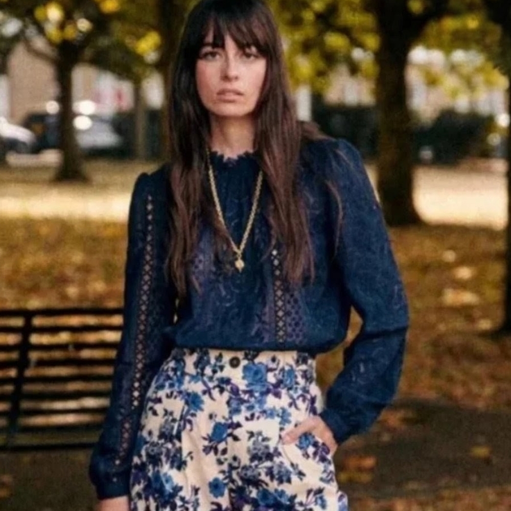 RARE Sezane Navy Lace Long-Sleeve Blouse - Picture 2 of 12